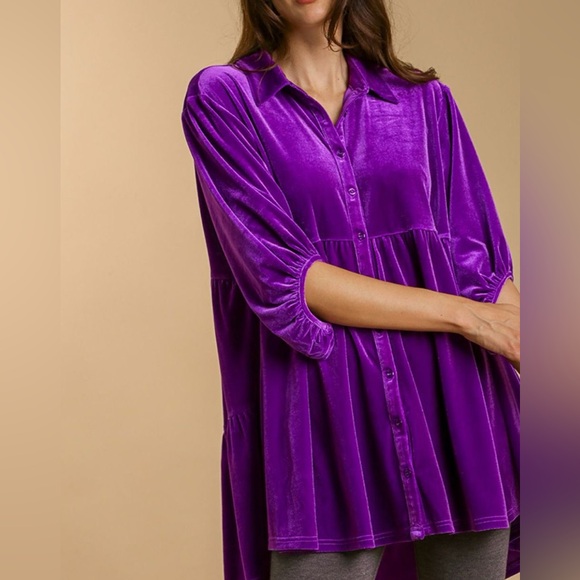 NWT Umgee PLUS + REG Size Royal Purple Button Down Tiered High Low Shirt Top - Picture 4 of 6